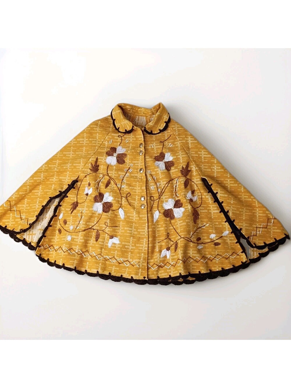 Vintage 1970's Mustard Yellow Embroidered Floral Cape Folk Poncho Hippie Wool